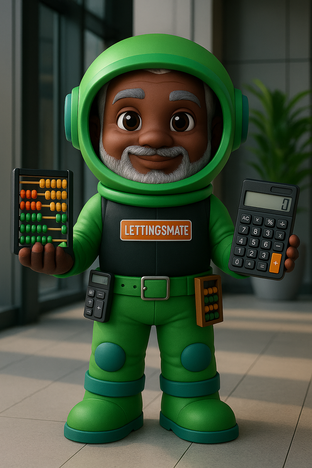 Lettingsmate UK property management platform represented by a friendly astronaut character holding a calculator and abacus, symbolizing easy and modern landlord solutions.