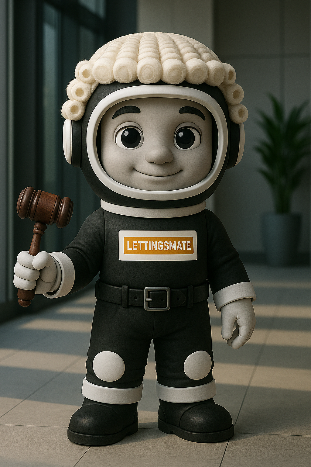 Lettingsmate UK property management platform represented by a friendly astronaut character holding a gavel, symbolizing easy and modern landlord solutions.