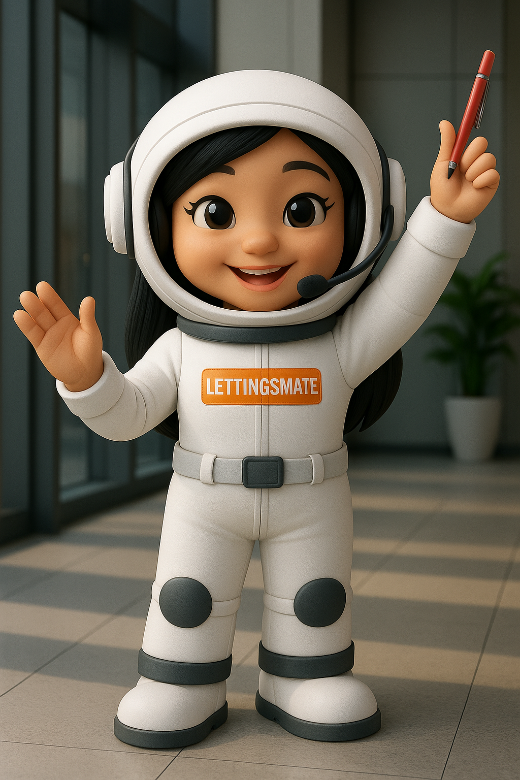 Lettingsmate UK property management platform represented by a friendly astronaut character holding a pen, symbolizing easy and modern landlord solutions.