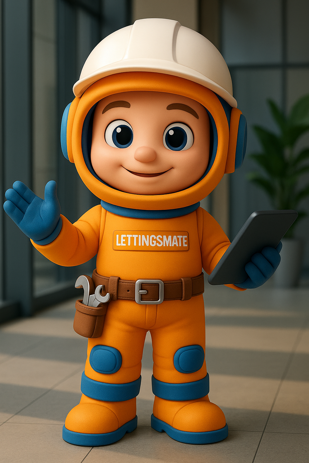Lettingsmate UK property management platform represented by a friendly astronaut character holding a tablet and tools, symbolizing easy and modern landlord solutions.