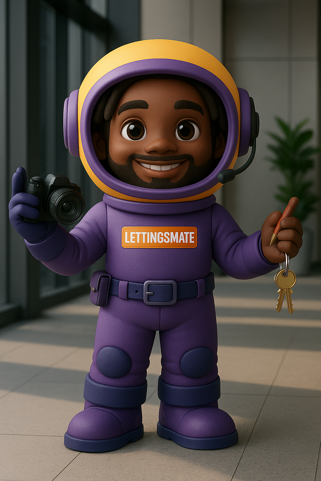 Lettingsmate UK property management platform represented by a friendly astronaut character holding your property keys and a camera to record the property condition at move in, symbolizing easy and modern landlord solutions.