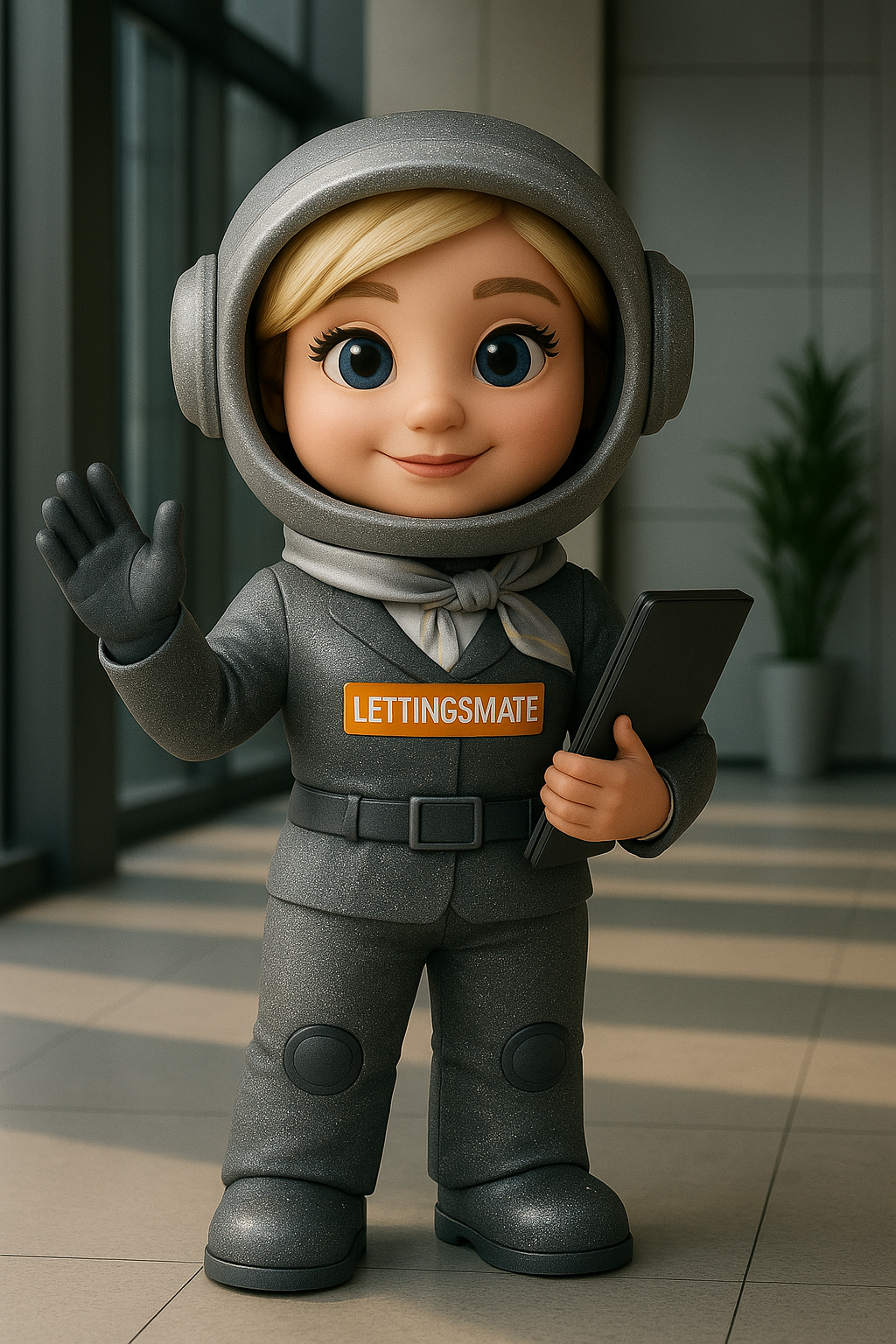 Lettingsmate UK property management platform represented by a friendly astronaut character holding a mirror and eye last brush symbolizing a fun and easy modern landlord solutions.