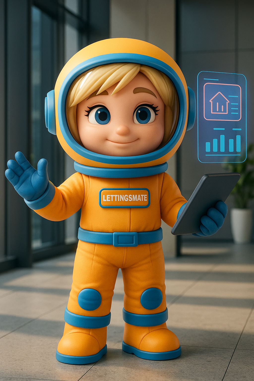 Lettingsmate UK property management platform represented by a friendly astronaut character holding a tablet with property icons, symbolizing easy and modern landlord solutions.
